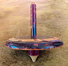 Vintage Wooden Spinning Top Toy Hand Painted Maroon Red Black Gold Geometric picture
