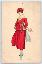 c1910's Pretty Woman Red Dress Hat Art Nouveau Edy Signed Artist France Postcard picture