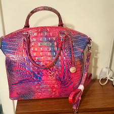 Brahmin Pink/Blue Embossed Leather Satchel Zip Top Handbag w Detachable Strap picture