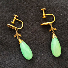 Vintage 14K Gold Jadeite Teardrop Dangle Screw-Back Earrings Auspicious 吉 Luck picture