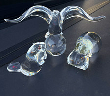 Vintage Steuben Clear Glass Eagle/Beaver Sitting On Globe Art Glass Set of 3 picture