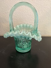 Vintage 1980s Fenton Sea Mist Green Opalescent Cabbage Rose Glass Basket 6