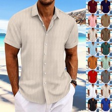 2026 Men Striped Button Down T Shirts Grandad Summer Short Sleeve Casual Tops picture