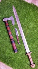 3Pcs Hand Forged Damascus Steel Viking Sword Ragnar Axe Knife Set Leather Sheath picture