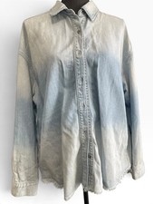 Hidden Jeans Ombre Denim Button Up Shirt Tie Neck Bow Light Wash Size M Raw Hem picture
