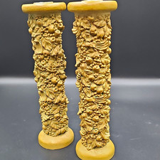 Vintage Pair of Baroque Style Carved Grapevine Column Candle Holders  8.75