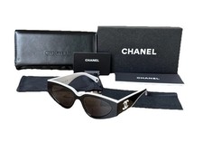 CHANEL SUNGLASSES BLACK WHITE FRAME CLASSIC 6056 CAT EYE WOMEN picture