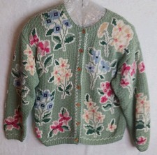 Vintage Bushwacker Cardigan Sweater Mint Green With Flowers Sz M #cottagecore picture