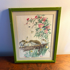 Handmade Vintage Cross Stitch Framed Needlepoint Wall Art Birds Nest Floral picture