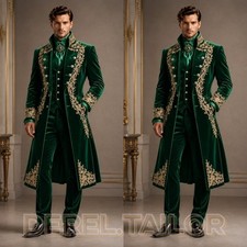 Gold Embroidery Velvet Men Suit Royal Frock Coat 3 Pcs Suit Wedding Prince Prom picture