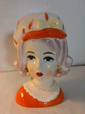 Relpo 2012 Lady Head Vase Blonde Teen in Orange with Mod Hat & Pearls Open Eyes picture