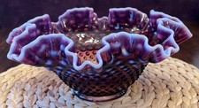 Vintage Fenton Plum Opalescent Hobnail Ruffled Bowl 10” Footed Art Glass picture