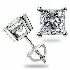 3.0 Ct Princess Cut Moissanite Stud Earrings 14K White Gold Screwback Gift picture