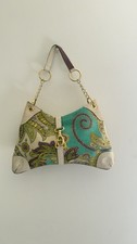 Vintage ETRO Milano Paisley Canvas Shoulder Bag Turquoise Gold Chain Hook Italy picture
