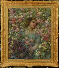 Hand Painted Classical Oil Painting Girl Surrounded Flowers Art Vintage Style picture