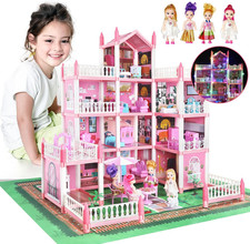 Doll House Set for Girls, Princess House Toys with 4 Dolls Furniture and 4-Story picture
