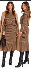 Rachel Zoe Two-Piece Striped Sweater Top and Midi Skirt Set in Beige and Black, picture
