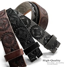  Floral Engraved One Piece Genuine Full Grain Leather Belt Strap 1-1/2