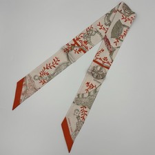 Hermes Etriers Remix Twilly Scarf Cream Red Equestrian Silk Ribbon picture