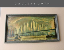 COOL MID CENTURY MODERN NY CITYSCAPE HAND GLOSSED PRINT WALL ART 50's PAINTING picture