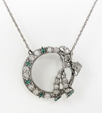 NYJEWEL Antique 14k Gold Green Stone & Diamond Pendant Necklace 14