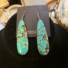 Native American Genuine Turquoise Hand Created 3” Dangle Earrings Genuine Stone picture