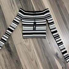 Fashion Nova black & white striped off the shoulder long sleeve sweater crop top picture