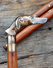 Antique Solid Brass Dog Head Handle Wooden Walking Stick Cane Vintage Designer picture