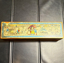 Vintage Wooden pencil Box Hinged Lid Rectangle w/ Metal Latch Scenic Lid,No key. picture
