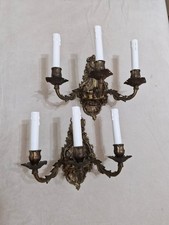 Pair Vintage Antique French Brass Wall Sconces Ornate 3 Light Candelabra Lamps picture