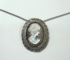 Vintage KL Sterling Silver Cameo Pendant Brooch Filigree Design-Beautiful picture