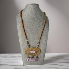 Vintage Artisan Amethyst Stone Polymer Clay Leather Statement Pendant Necklace picture