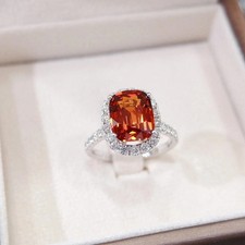 6.00Ct Cushion Cut Natural Orange Sapphire & Diamond 14K White Gold Wedding Ring picture