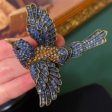 Vintage Blue Rhinestone Bird Brooch Sparkling Crystal Flying Bird Pin picture