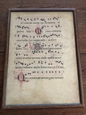 Framed 14th? Century illuminated Painted Gregorian Chant Vellum Manuscript Leaf picture