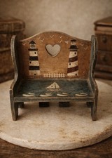 Vintage Miniature Dollhouse Bench Handpainted Lighthouse Primitive Wooden Heart picture