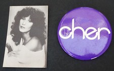 Vtg 1970s original Cher fan club member membership card & pin back button picture