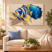 Original Hand Painted One of a Kind 3D Fish Wall Illusion Painting 16x24 Canvas picture