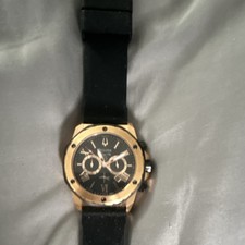 Bulova Quartz Chronograph Watch Black Dial Gold Tone Case Black Rubber Strap picture