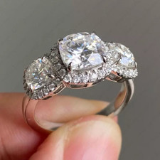 2.34Ctw Cushion Moissanite Halo 3-Stones Engagement Ring 14K White Gold Plated picture