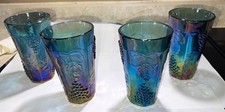 4 Vintage Indiana Glass Harvest Grape Iridescent Blue Carnival Tumblers picture
