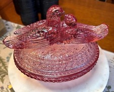 Vintage Viking Glass Thistle Pink Lovebirds Covered Candy Dish Nest 1960s picture