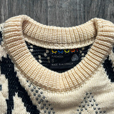 Coogi Men's S Wool Crew Neck Geometric Knit Pullover Sweater Beige Black Gray picture