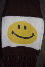 VTG 1970s Smiley Face Winter Scarf Acrylic Fringe Happy USA Brown Yellow 60