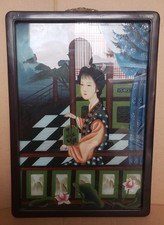 ANTIQUE VINTAGE JAPANESE CHINESE REVERSE GLASS PAINTING LADY IN KIMONO 23x16 In picture