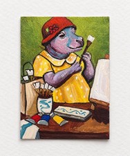 Happy Artist Hippo ACEO Hand Painted Original Cute Funny Painting Art picture