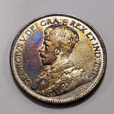 1917 25c Canada Newfoundland 25 Cents .1734 ASW - AU Rainbow Toning KM17 - Q5726 picture