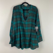 Woman Within Popover Pintuck Flannel Shirt Size 1X Green Plaid Layered Look picture