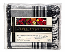 Vintage Chatham North Star Fringed Throw Blanket 50x60 Black White Plaid USA picture