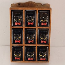Vintage  Shafford «Black Cat» Jar Set 9 Ceramic Jars Wooden Rack MCM Kitchen picture